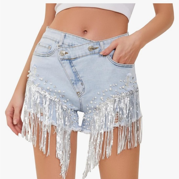 Women's High Waist Denim Short Sequin Rhinestone Pearl Beaded Fringe tassel - Picture 1 of 13